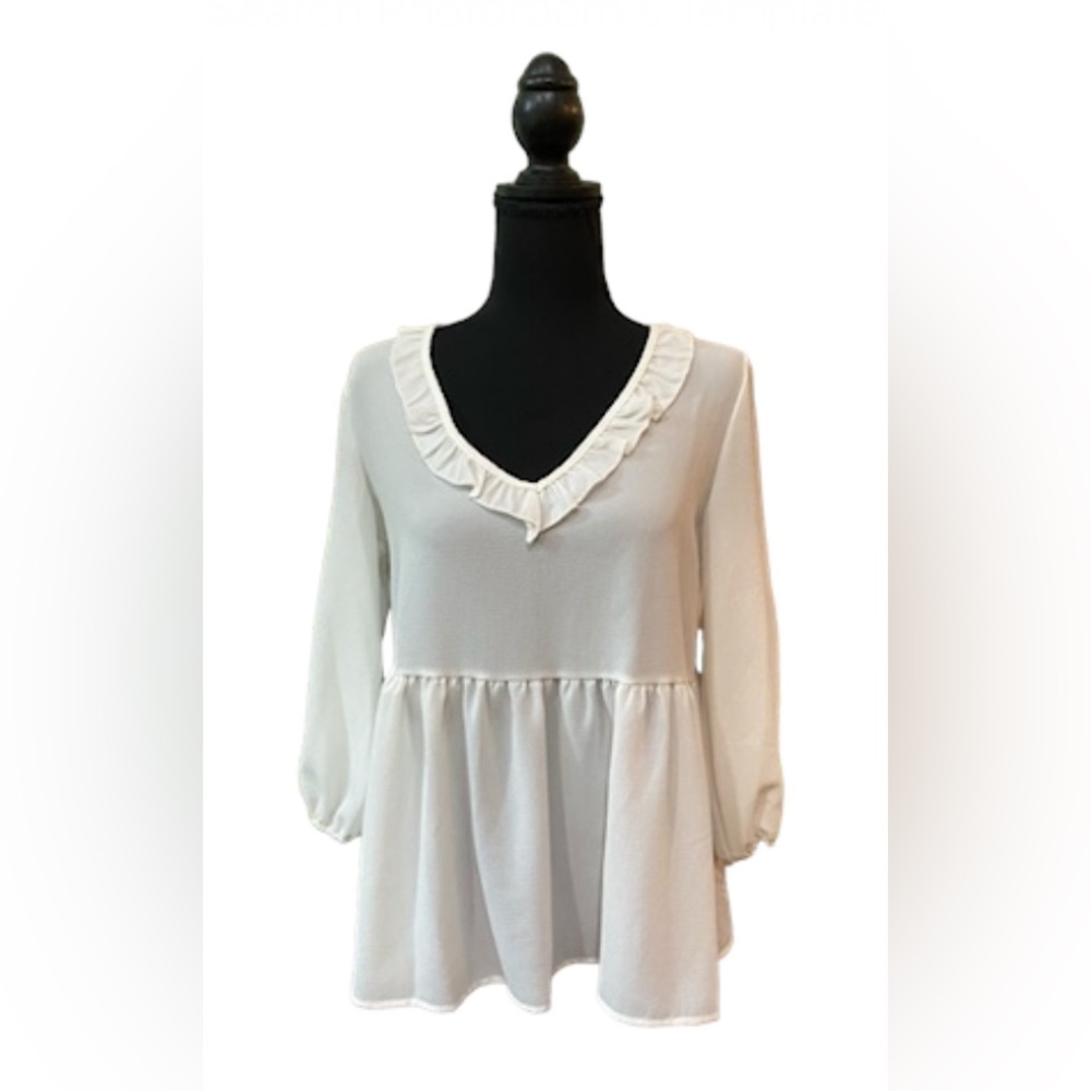 Watermelon: White Baby Doll Blouse with V Neck and Frll Collar
